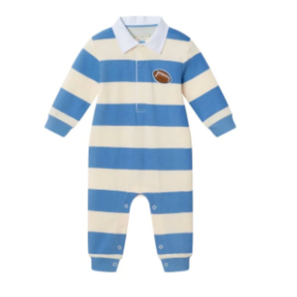 Andy & Evan - Football Polo Romper-Blue/Cream